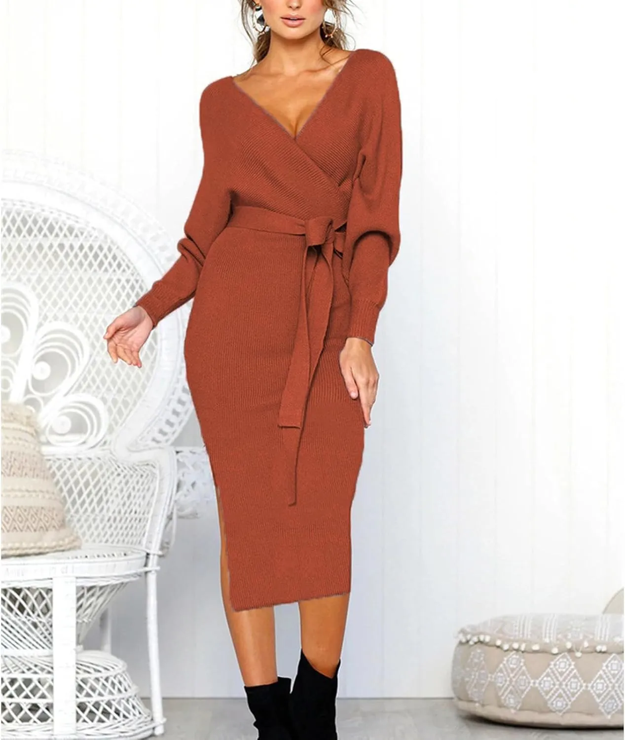 Women's Elegant V Neck Wrap Sweater Dress 2023 Fall Long Sleeve Tie Waist Slim Fit Ribbed Knit Bodycon Midi Long Dress
