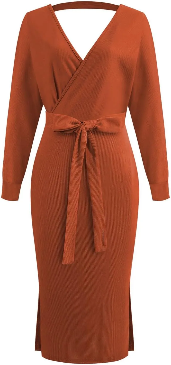 Women's Elegant V Neck Wrap Sweater Dress 2023 Fall Long Sleeve Tie Waist Slim Fit Ribbed Knit Bodycon Midi Long Dress