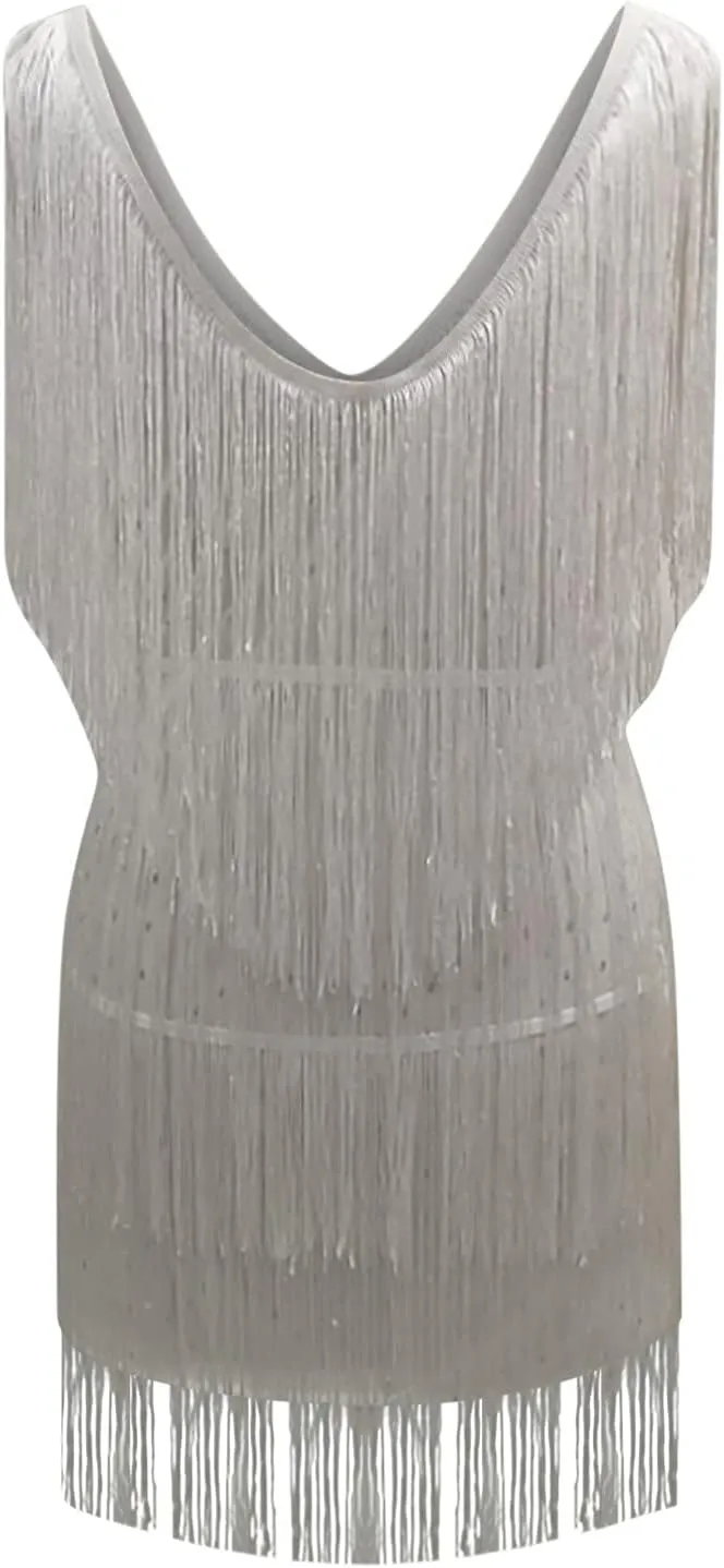 Womens Fringe Dress Spaghetti Strap Sleeveless Tassel Sling Dress Sexy V Neck Backless Cocktail Party Mini Dress