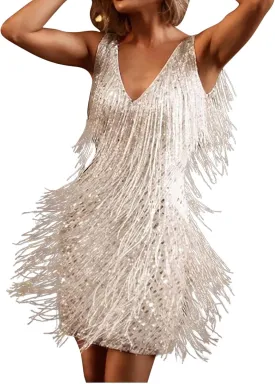 Womens Fringe Dress Spaghetti Strap Sleeveless Tassel Sling Dress Sexy V Neck Backless Cocktail Party Mini Dress