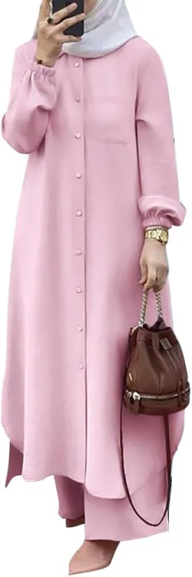 Women's Muslim 2 Pieces Sets Long Sleeve Button Down Shirt and Pants Abaya Casual Dress Dubai Outfits