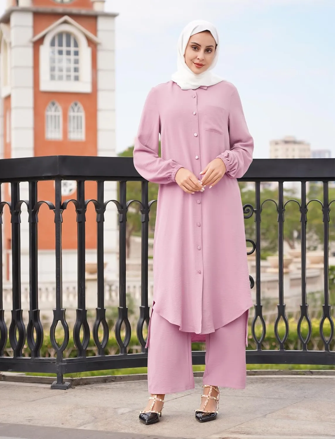 Women's Muslim 2 Pieces Sets Long Sleeve Button Down Shirt and Pants Abaya Casual Dress Dubai Outfits