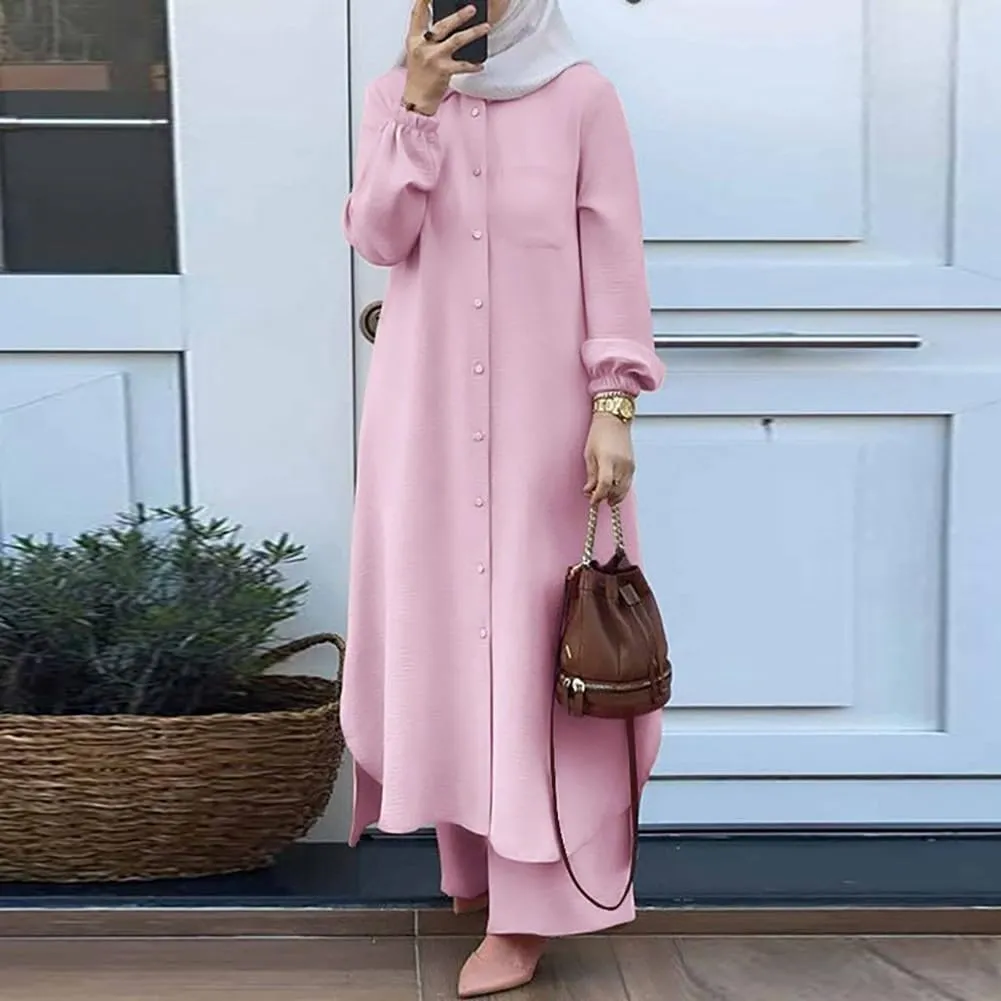 Women's Muslim 2 Pieces Sets Long Sleeve Button Down Shirt and Pants Abaya Casual Dress Dubai Outfits