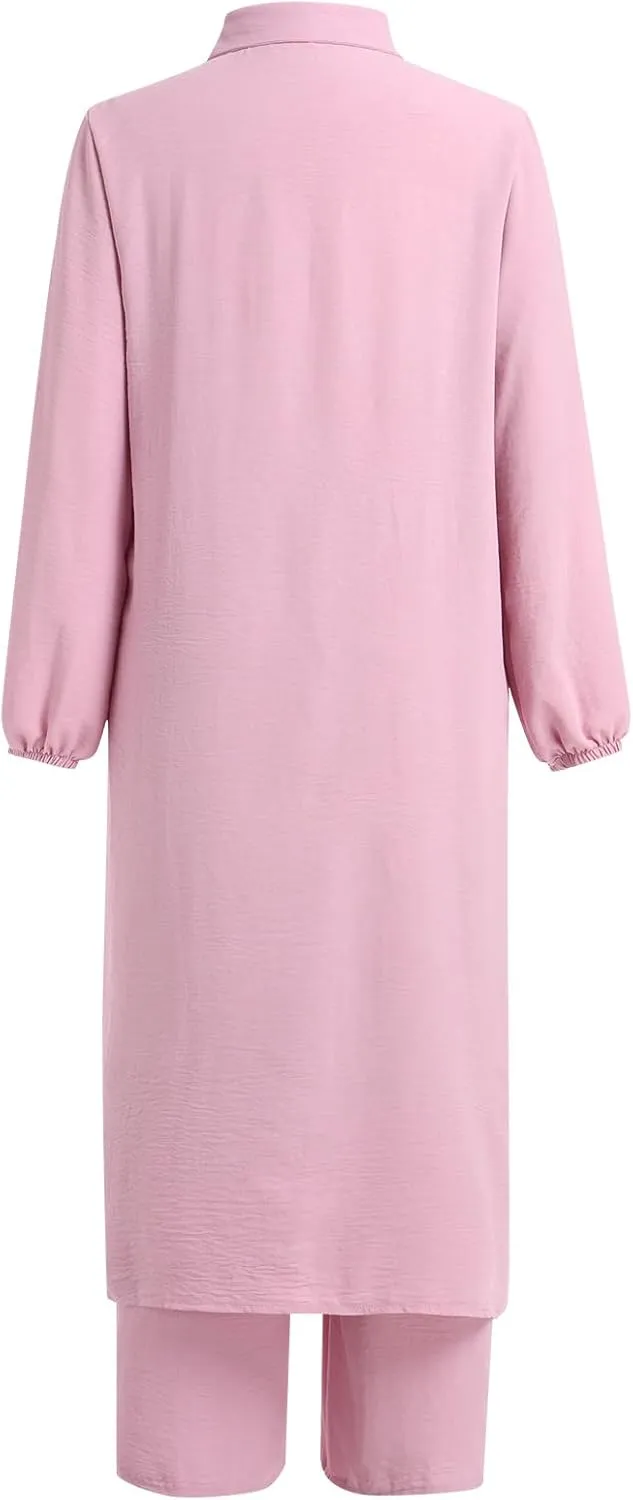 Women's Muslim 2 Pieces Sets Long Sleeve Button Down Shirt and Pants Abaya Casual Dress Dubai Outfits