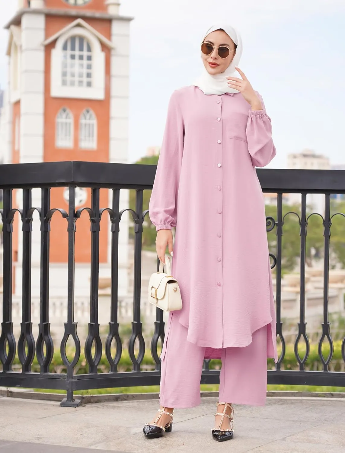 Women's Muslim 2 Pieces Sets Long Sleeve Button Down Shirt and Pants Abaya Casual Dress Dubai Outfits