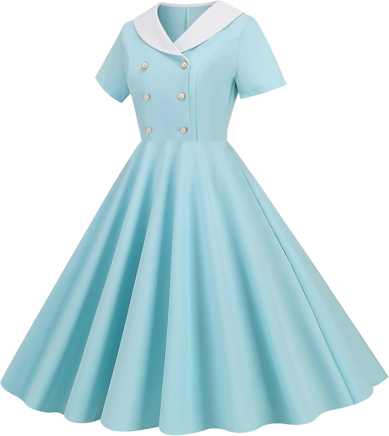 Women's Retro Dresses 60s Sailor Collar Short Sleeve Pinup Cocktail Dress Double Breasted Pleated A Line Swing Dress