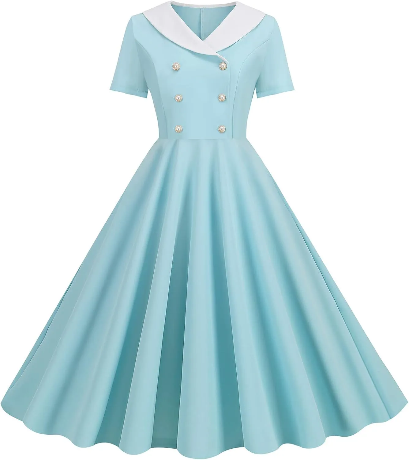 Women's Retro Dresses 60s Sailor Collar Short Sleeve Pinup Cocktail Dress Double Breasted Pleated A Line Swing Dress