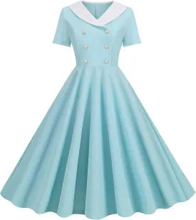 Women's Retro Dresses 60s Sailor Collar Short Sleeve Pinup Cocktail Dress Double Breasted Pleated A Line Swing Dress