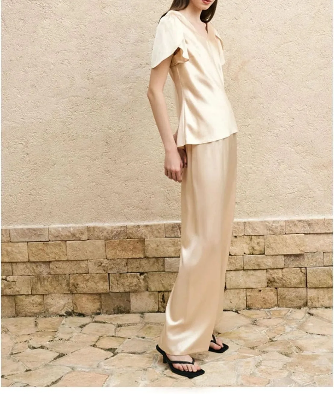 Women's Silk Champagne Set - Short Sleeve T-Shirt Wide Leg Casual Ensemble