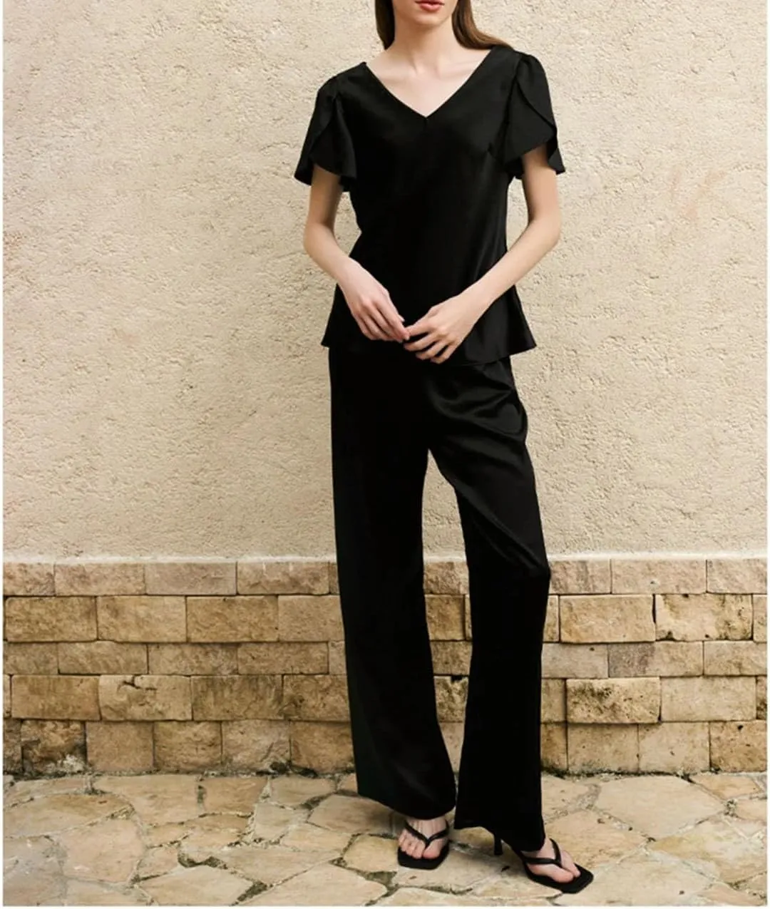 Women's Silk Champagne Set - Short Sleeve T-Shirt Wide Leg Casual Ensemble