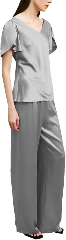 Women's Silk Champagne Set - Short Sleeve T-Shirt Wide Leg Casual Ensemble