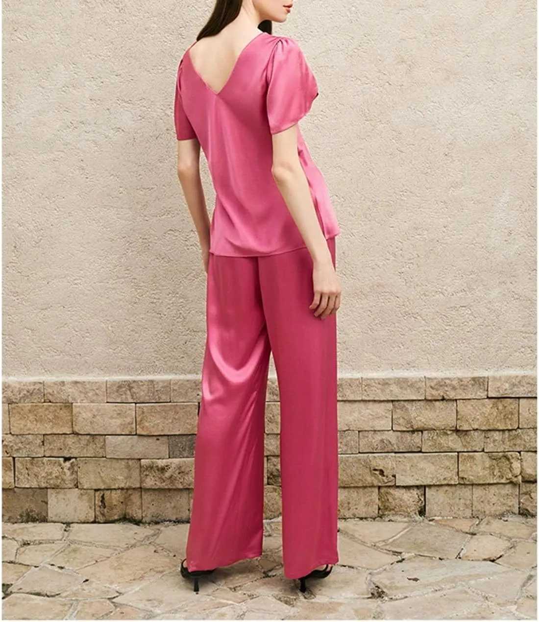 Women's Silk Champagne Set - Short Sleeve T-Shirt Wide Leg Casual Ensemble