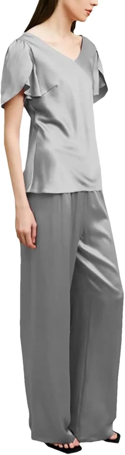 Women's Silk Champagne Set - Short Sleeve T-Shirt Wide Leg Casual Ensemble
