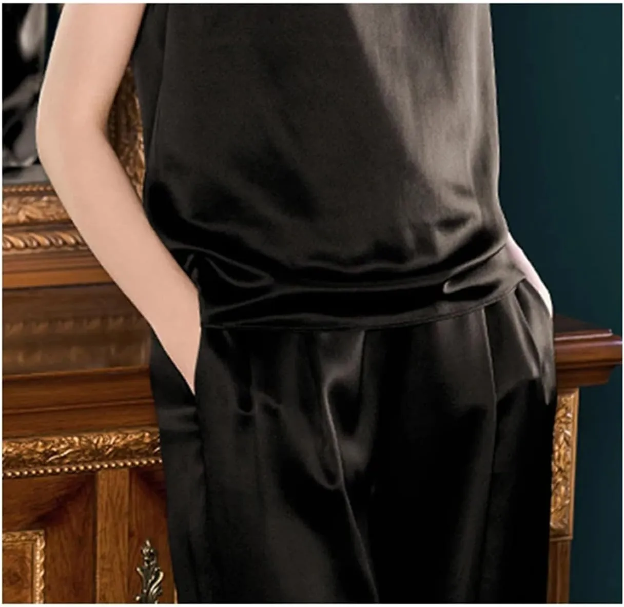 Women's Silk Wide Leg Set - Mulberry Sleeveless T-Shirt Pants Ensemble