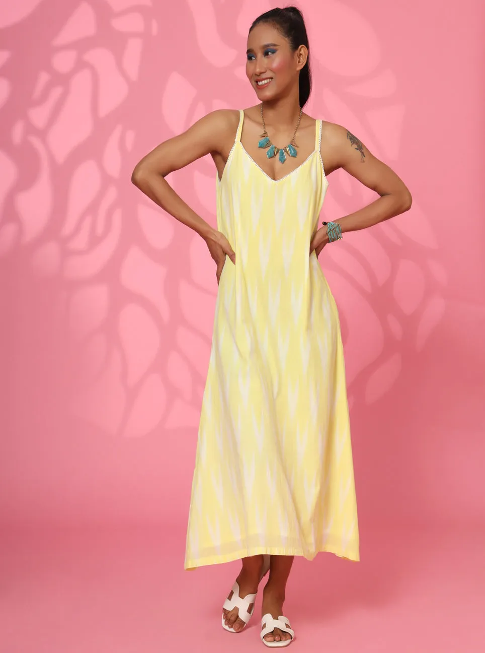 Yellow Cotton Printed Straight Loose Dress for Women