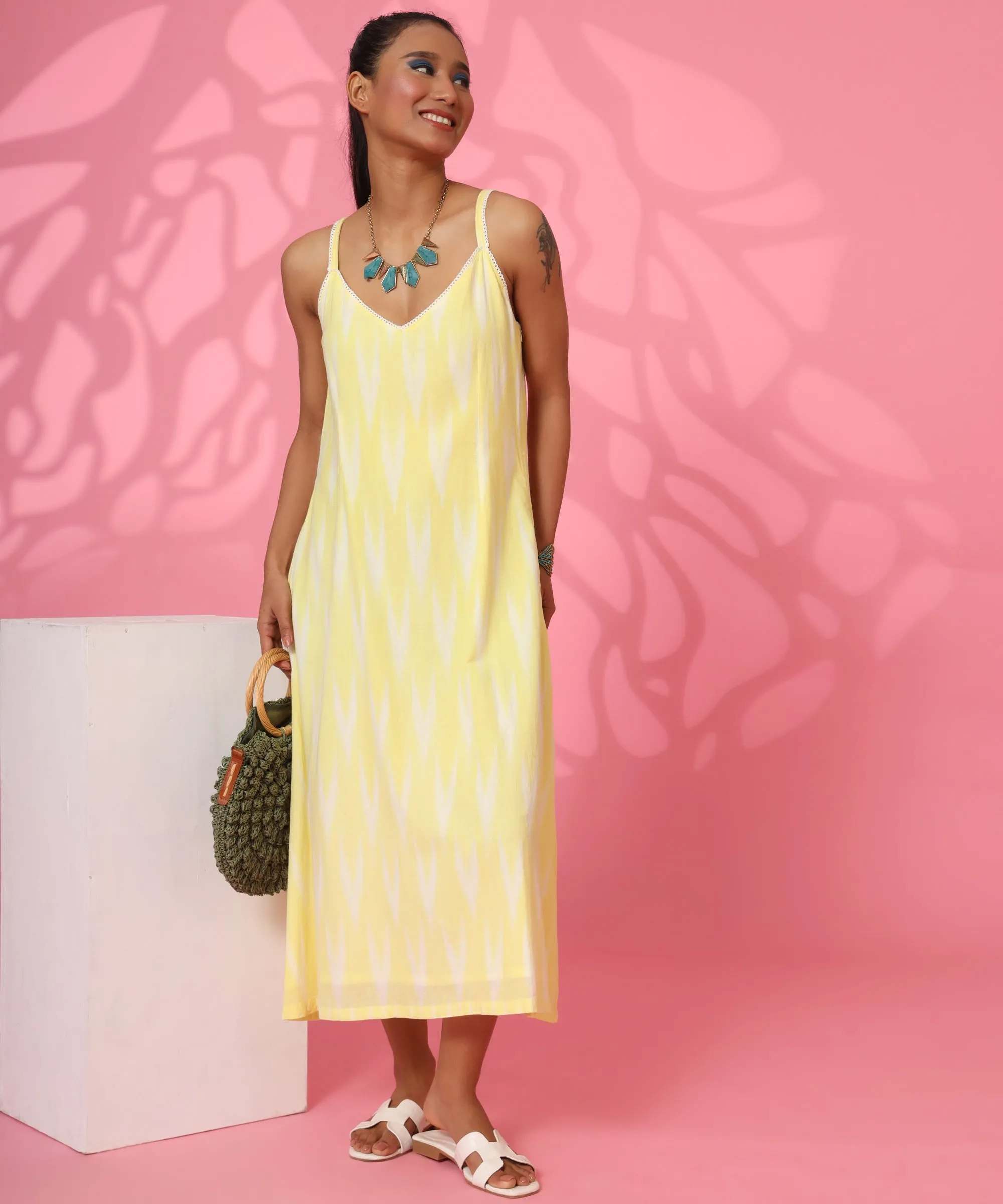 Yellow Cotton Printed Straight Loose Dress for Women