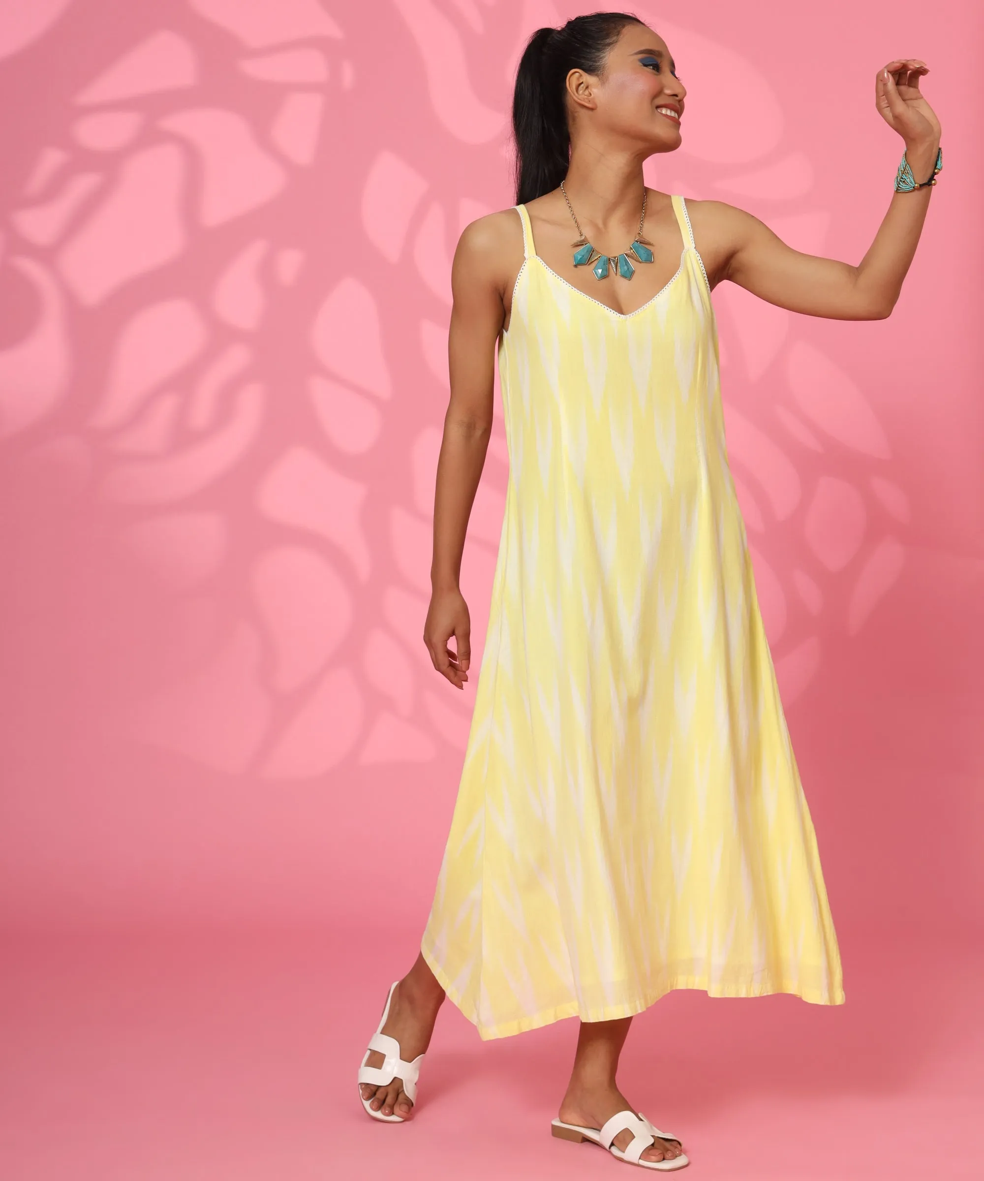 Yellow Cotton Printed Straight Loose Dress for Women