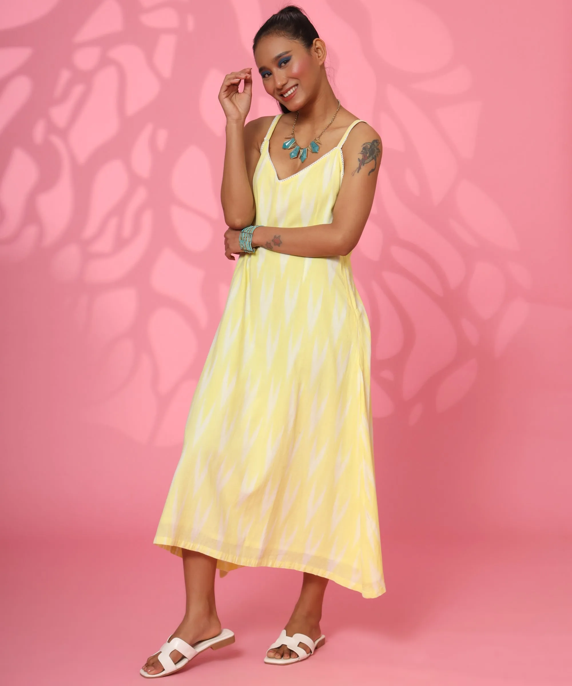 Yellow Cotton Printed Straight Loose Dress for Women