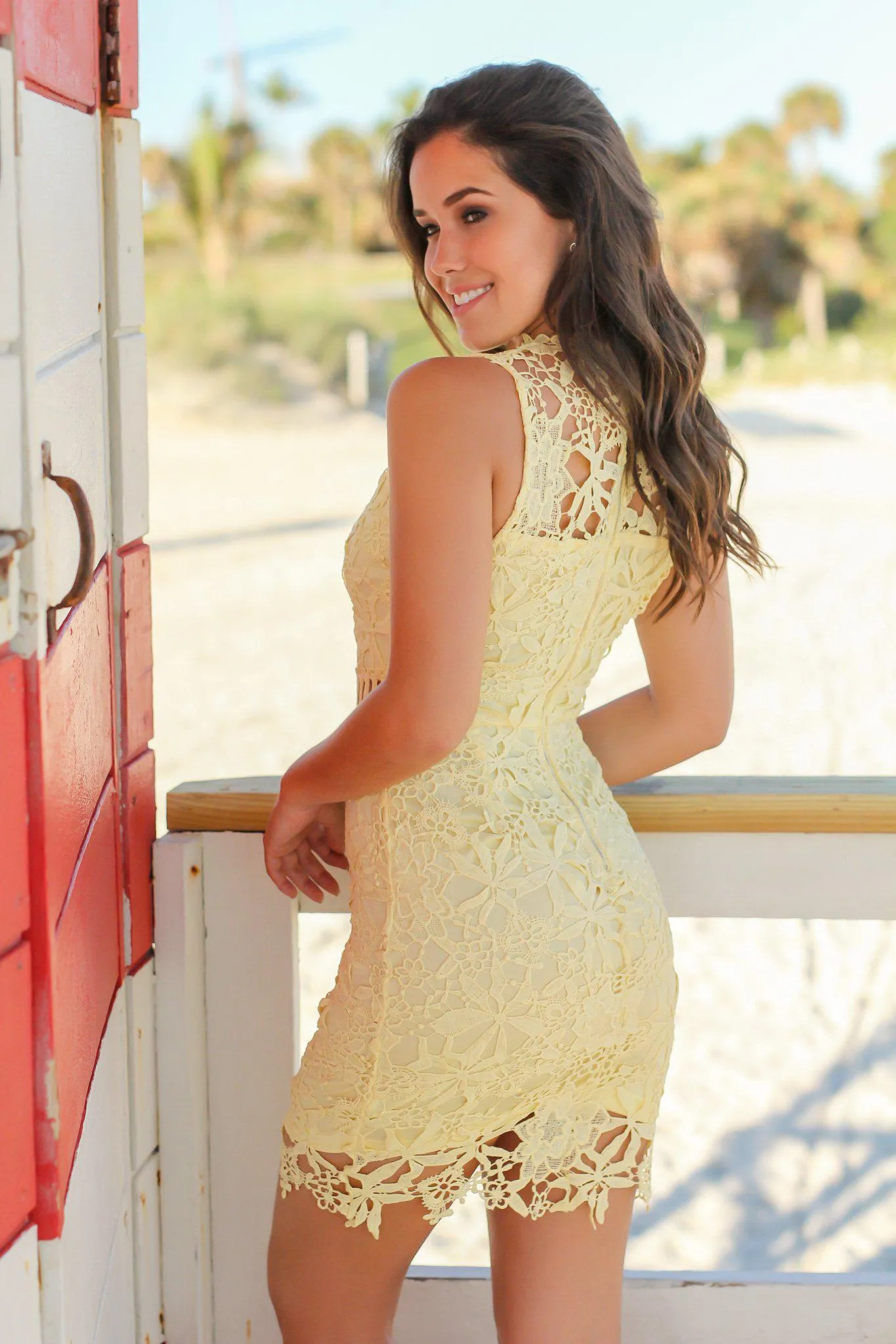 Yellow High Neck Crochet Short Dress