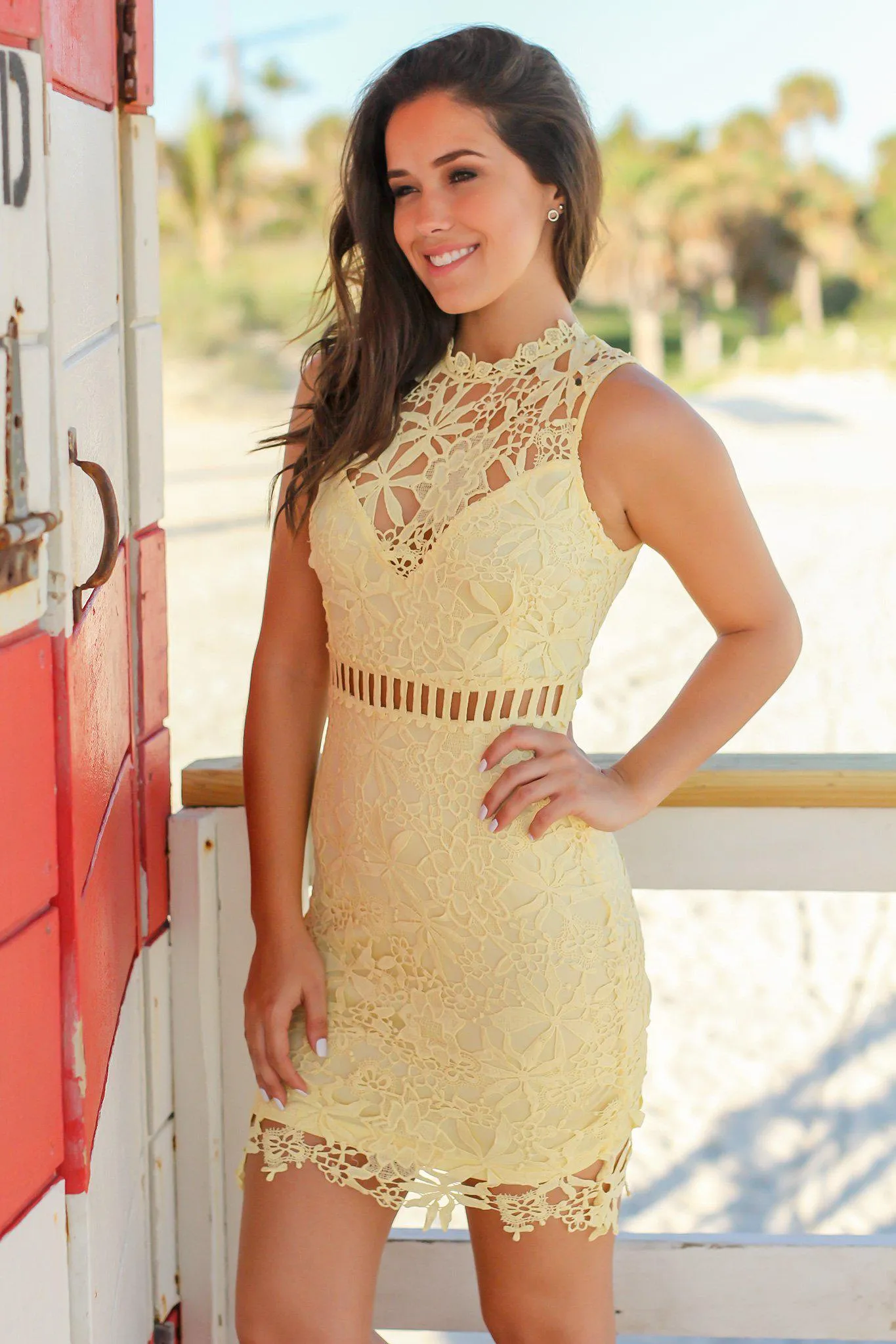 Yellow High Neck Crochet Short Dress