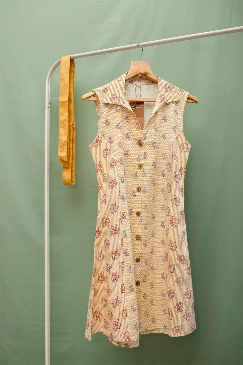 Yellow Marigold Floral Sleeveless Dress in Lyocell Linen
