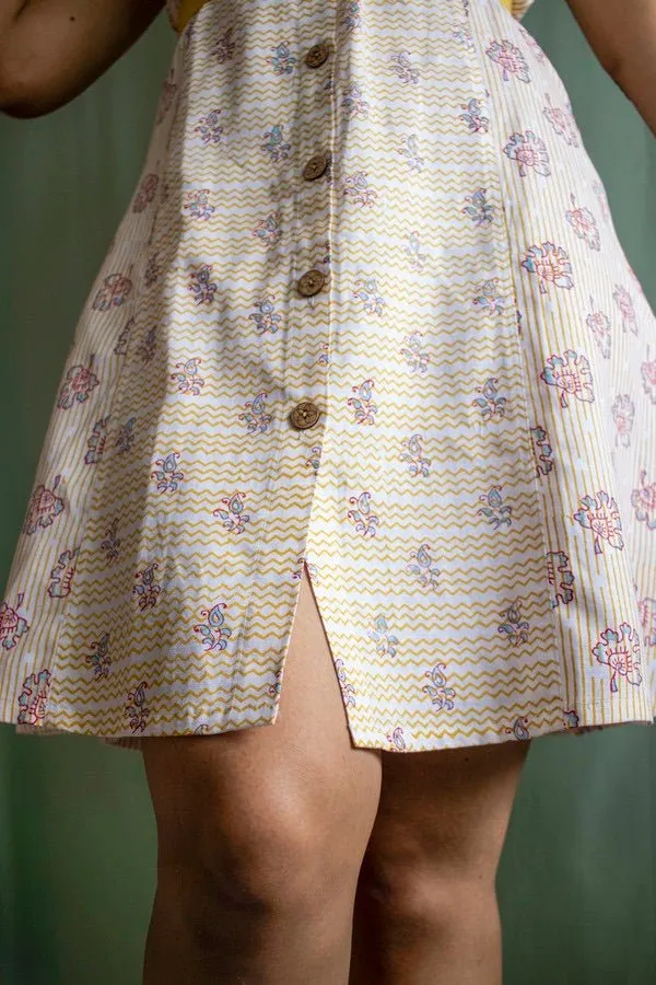 Yellow Marigold Floral Sleeveless Dress in Lyocell Linen
