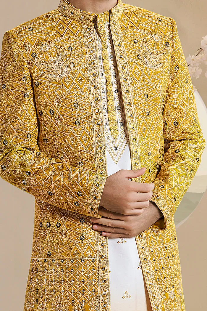 Yellow Open Jacket Ombre Kurta Set