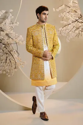 Yellow Open Jacket Ombre Kurta Set