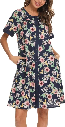 YOZLY House Dress for Women Short Sleeve House Coats Dusters Robe Moomoo nightgowns with Pockets