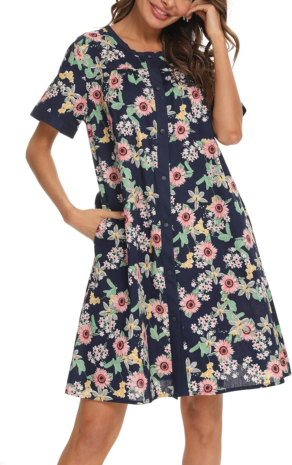 YOZLY House Dress for Women Short Sleeve House Coats Dusters Robe Moomoo nightgowns with Pockets