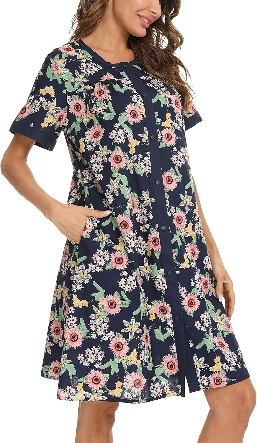 YOZLY House Dress for Women Short Sleeve House Coats Dusters Robe Moomoo nightgowns with Pockets