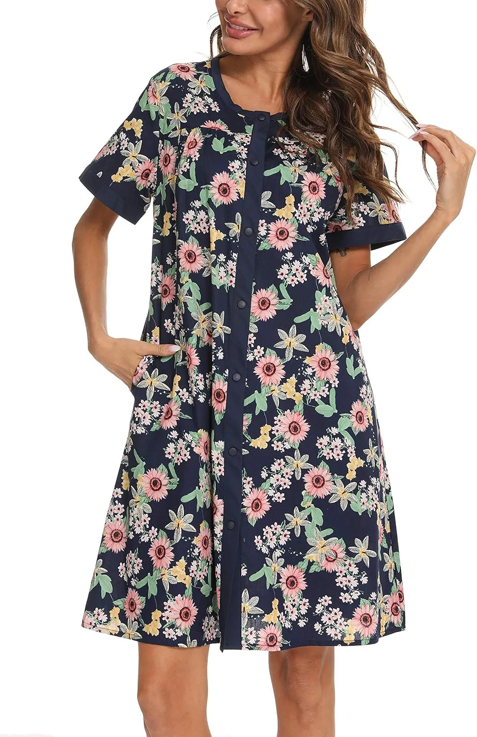 YOZLY House Dress for Women Short Sleeve House Coats Dusters Robe Moomoo nightgowns with Pockets