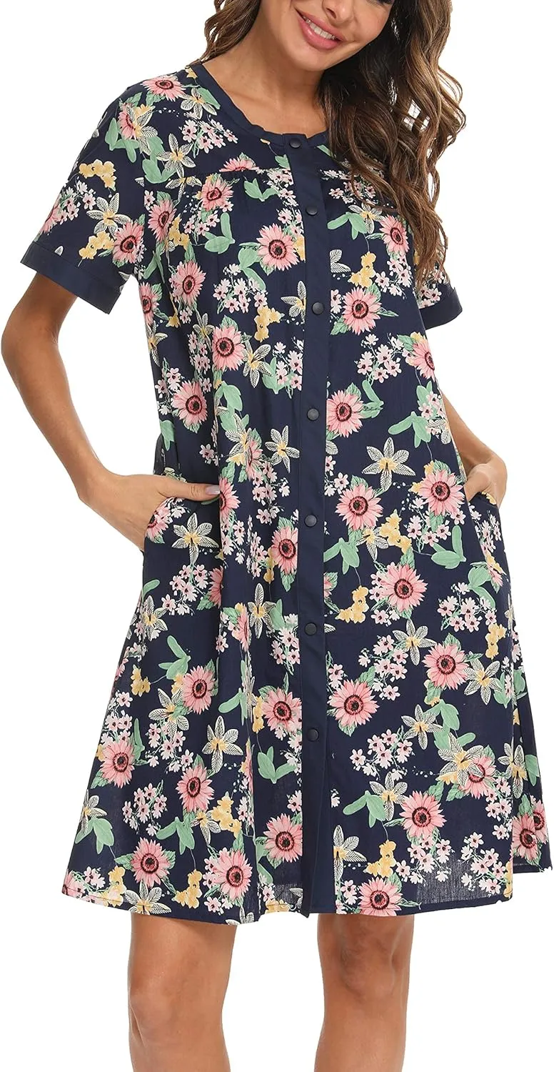 YOZLY House Dress for Women Short Sleeve House Coats Dusters Robe Moomoo nightgowns with Pockets