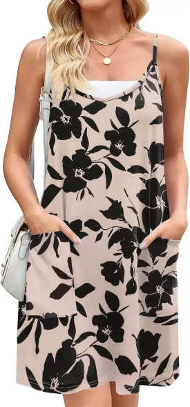 Zeagoo Women Summer Dresses Casual Beach Vacation Dress Spaghetti Strap Sundress Sleeveless Mini Short Dress with Pockets